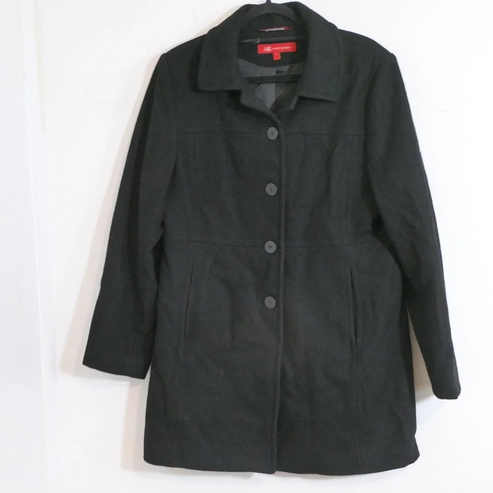 Anne Klein Womens Coat L Black Wool Blend Professional Dark Academia Minimalist
